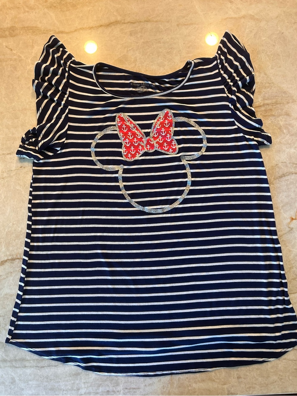 Disney Cruise Line Minnie Mouse Nautical Striped Top Navy Blue Ruffle Sleeve Tee